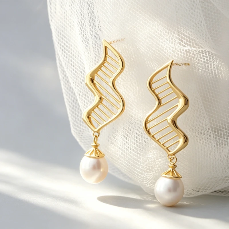 

Creative Wave Line Hollow Natural Pearl 925 Sterling Silver Earrings 24K Gold Plated Fashion Dangle Earring Everyday Jewelry