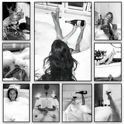 Woman Drinking Wine in Bathtub Poster Black and White Bathroom Wall Art Canvas Painting Girls Vintage Wall Art Toilet Decoration