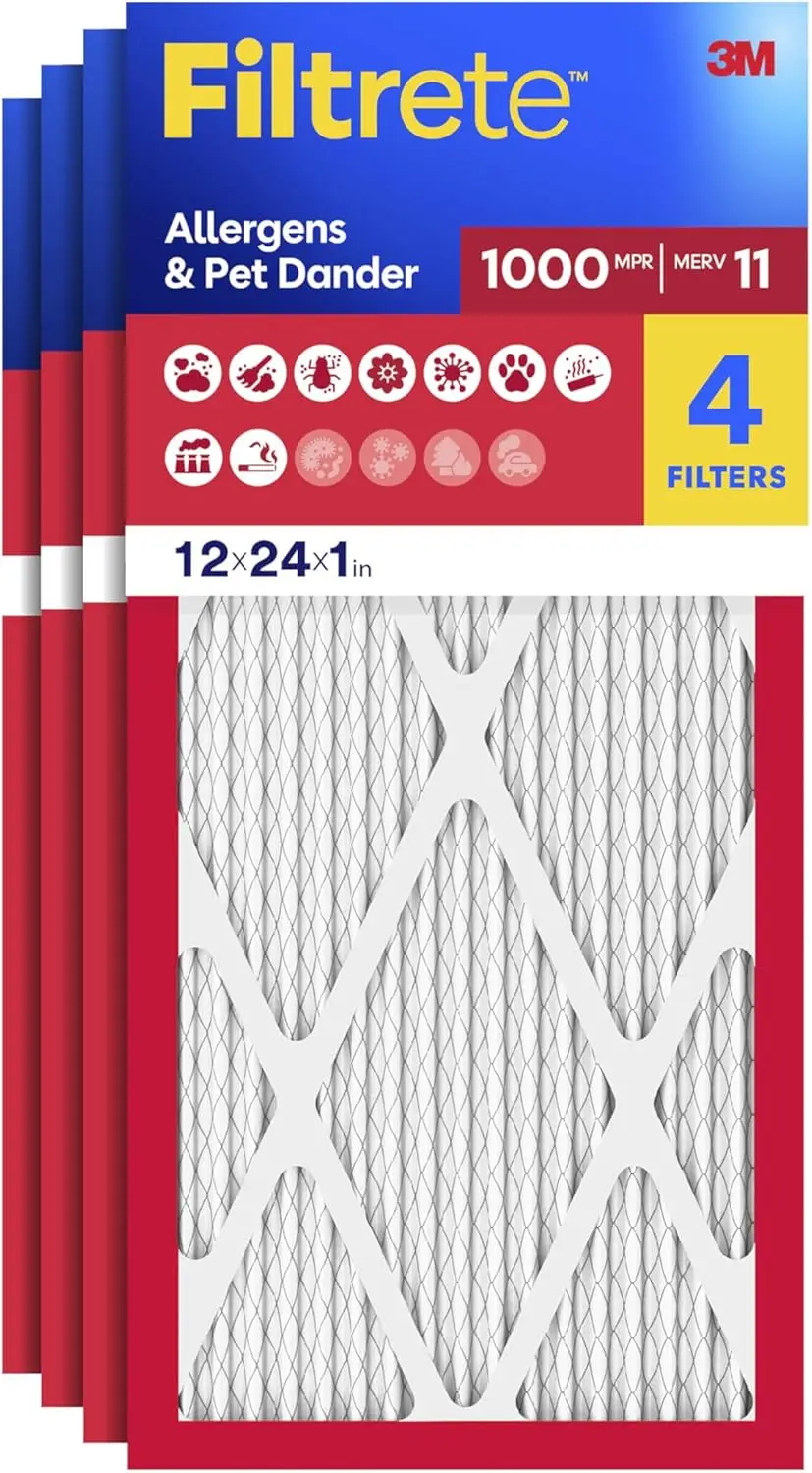 

12x24x1 MERV 11 AC Furnace Air Filter, 4-Pack, 3-Month, Allergen & Pet Dander Defense, MPR 1000, HVAC Filter