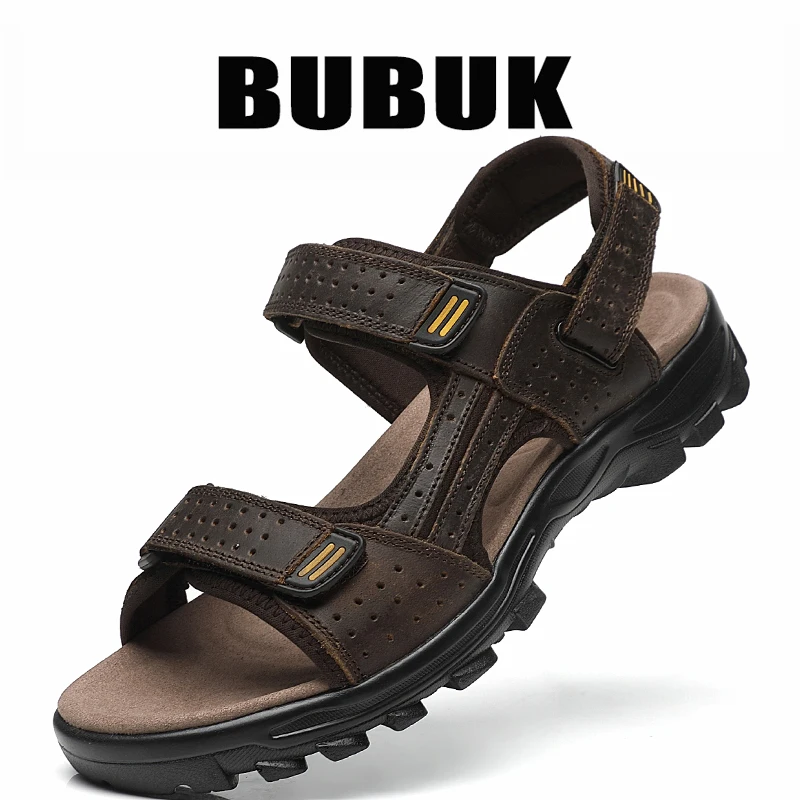Bubuk Men's Genuine Leather Slippers, Outdoor Casual Sandals, Sports Shoes, Beach Shoes, Made from Top-Quality Cowhide, Feature a Comfortable Open-Toe Design, Suitable for Both Indoor and Outdoor Casual Wear.