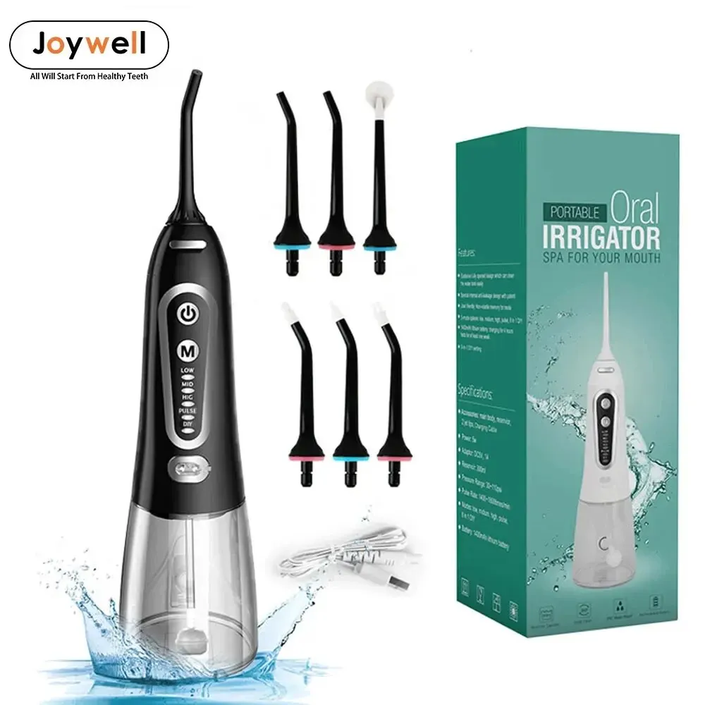 Oral Irrigator 5 Modes USB Rechargeable Portable Dental Water Flosser Jet 300ml Water Tank Teeth Cleaner 6 Jet Nozzle