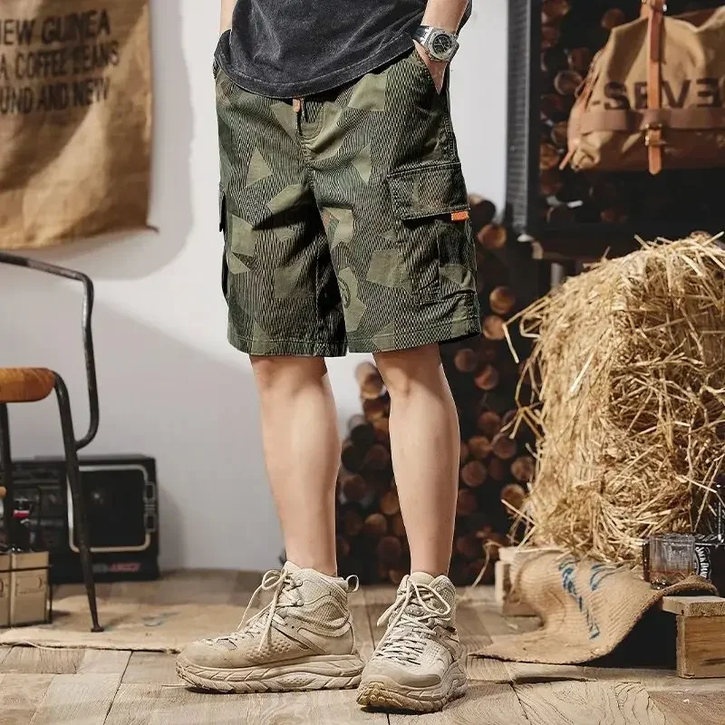 Male Short Pants Camo Elastic Waist Camouflage Men\'s Cargo Shorts with Draw String Designer Luxury Harajuku Loose Homme Strech