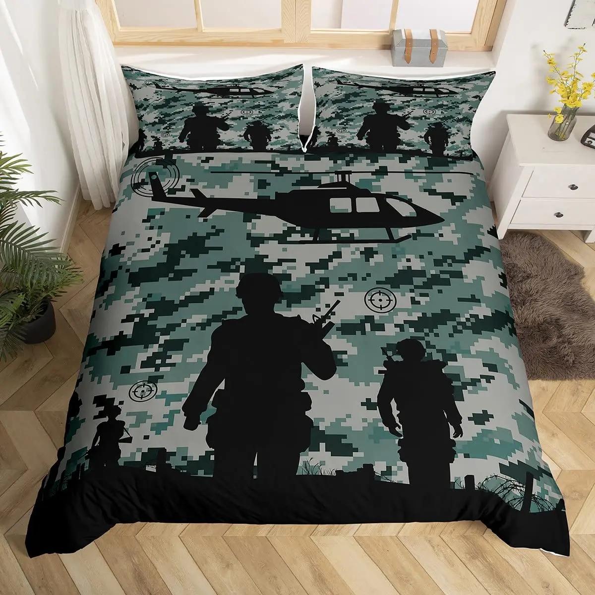 

Soldier Duvet Cover Set King Size Soldier Helicopter Silhouette Bedding Set Microfiber 2/3pcs Green Black Military Quilt Cover