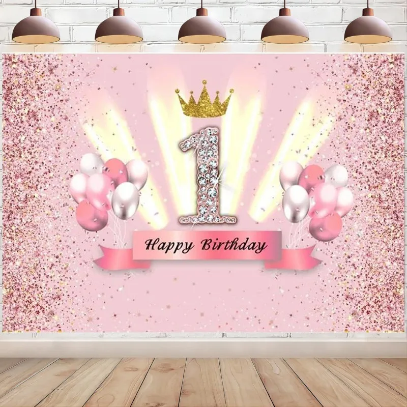 

Girl Happy 1st Birthday Backdrop Pink Photography Background One Year Old Baby Shower Party Banner Decoration Photo Booth Props