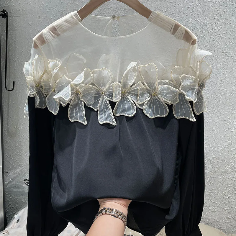 Spring Summer New Temperament Crew Neck Long Sleeve Chiffon Shirt Women Korean Style Loose Beaded Flower Mesh Patchwork Blouse