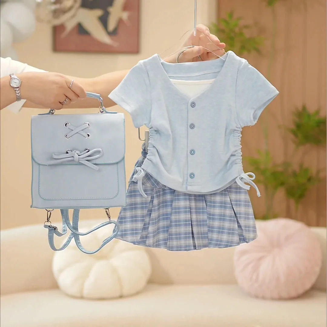 

90-160cm Girls' Summer Set 2025 New Style Big Children's Short sleeved Fake Two pieceT-shirt Half skirt Set
