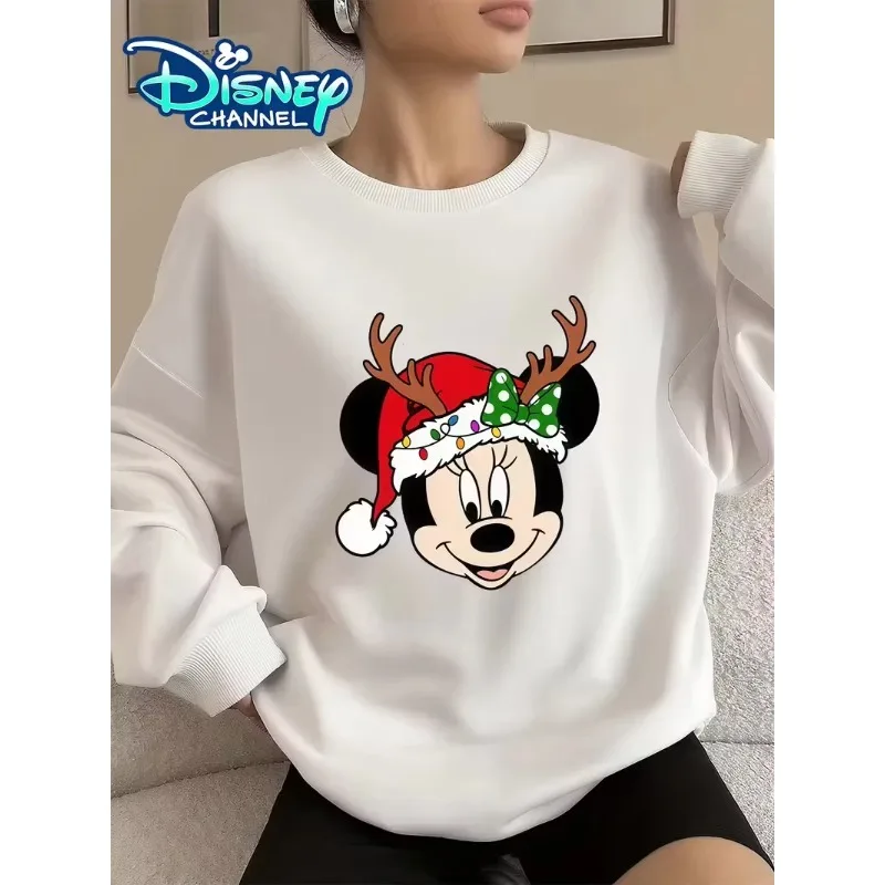 Disney Mickey Minnie Mouse Christmas Sweatshirt Women's Men Cotton Hoodies Pullover Autumn Winter Fleece Oversized O-Neck Coats