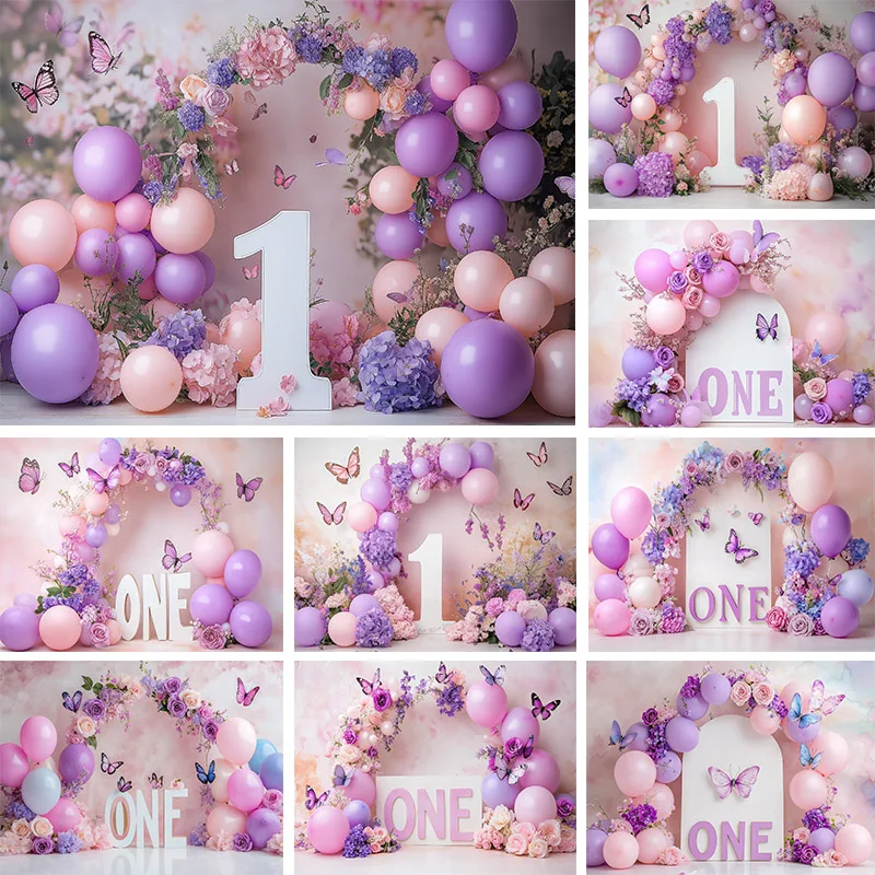 

WPFSGE Photography Backdrop Pink Butterfly Floral Arch Balloons Kids 1st Birthday Party Portrait Decor Background Photo Studio