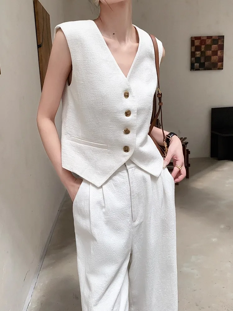 

Customized Linen Two-Piece Set for Women, V-Neck Vest Top, Casual Loose Wide Leg Pants, High-End