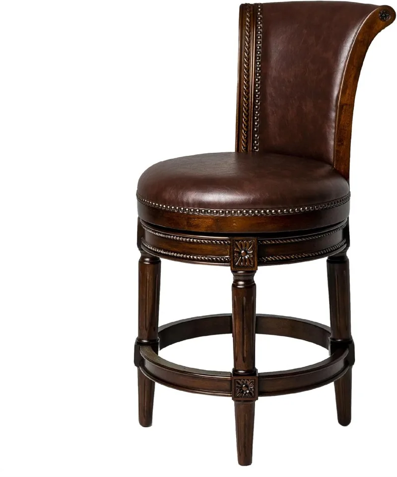 Pullman 26 Inch Tall Counter Height Upholstered Barstool with Back in Dark Walnut Finish with Vintage Brown Vegan Lea