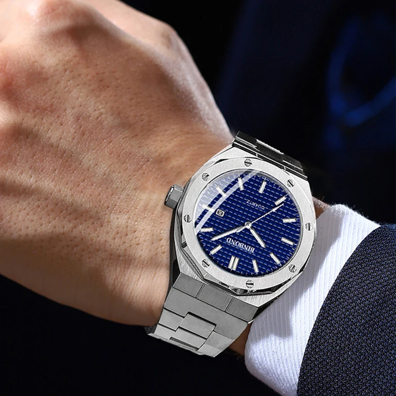 ساعة BINBOND الرجالية من أفضل العلامات التجارية Royal Casual للرجال بمينا كبير فضي من الفولاذ المقاوم للصدأ بتقويم كوارتز ساعة يد كلاسيكية مضيئة