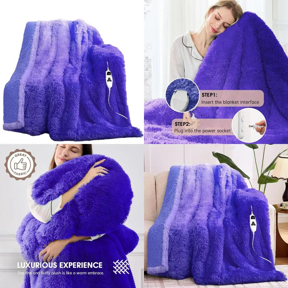 

Twin Size Electric Heated Blanket for Women - Faux Fur, 10 Heat & 5 Timer Options, 62x84, Purple