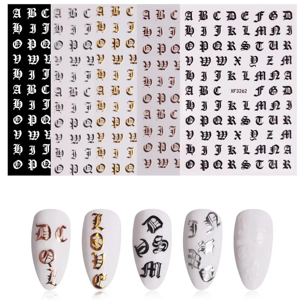 Confezione da 5 adesivi adesivi per nail art, lettere dell'alfabeto, decalcomanie, stencil per