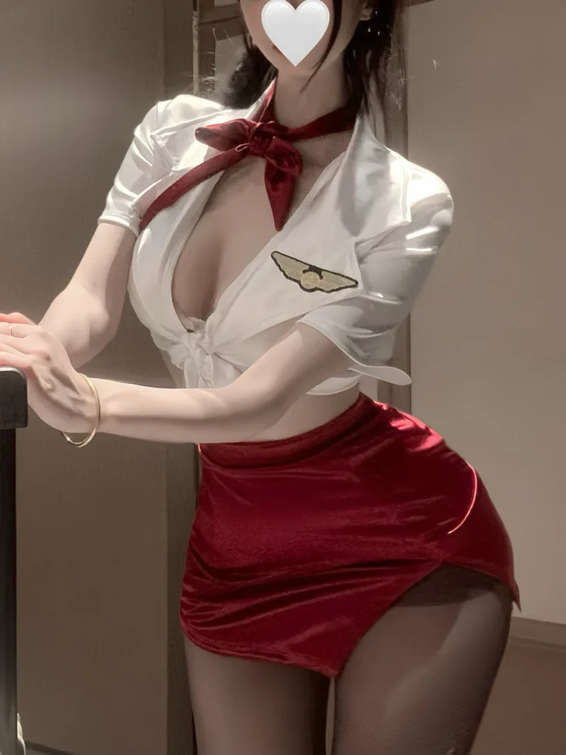 อย่างเป็นทางการ Sheath Flight Attendant ชุด Turn-Down COLLAR ลึก V สั้นเสื้อสะโพกครอบคลุมกระโปรงชุดน่ารักสําหรับผู้หญิง NXXV