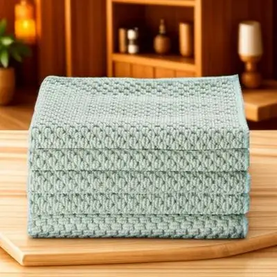 

5pcs Kitchen Dishcloths Green Multi-Functional Cleaning Towels Water Absorbing Stain Removal Dish Washing Cloths For Home Duster