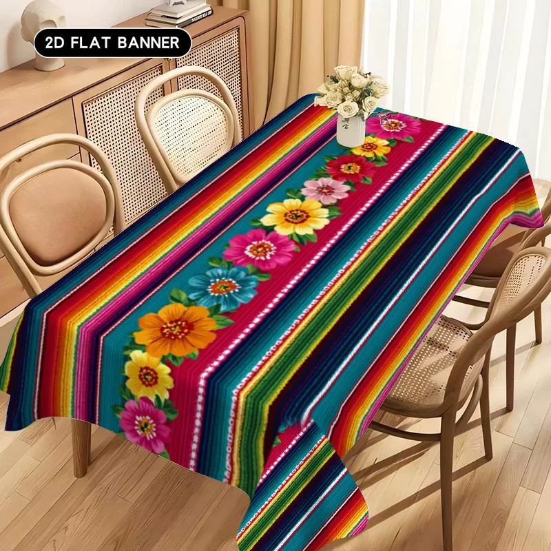 Mexican Themed Colorful Stripe Tablecloth for Table Decor Ethnic Floral Day of The Dead Carnival Table Cloth Holiday Party Decor