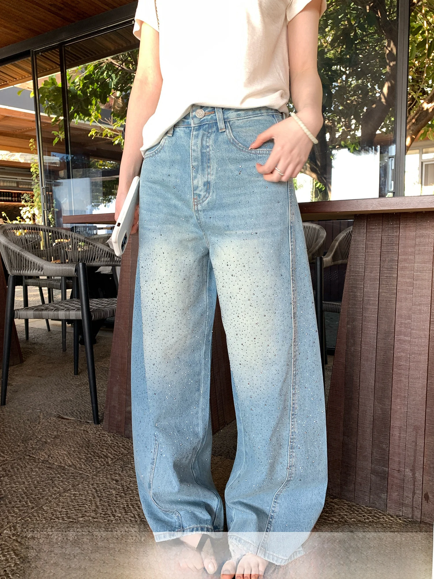 

Sweet Cool Heavy Du Rhinestone Denim High Waist Loose Slim Wide Leg Pants Women's New 2026 Casual Straight Leg Jeans