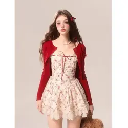 French Pure Desire Sweet Girl Splicing Sleeveless Floral Dress Fashion Lively Youth Cardigan Westernization Two Piece Set