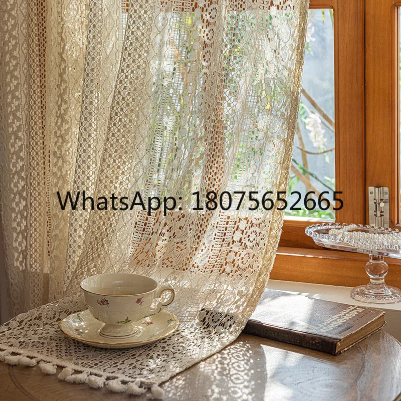 Rustic vintage lace curtain sheer window curtain for living room - no drilling required