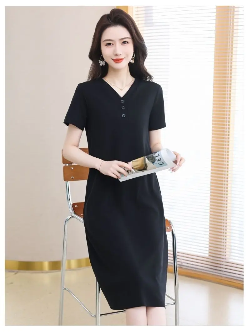 2026 Fashion Short Sleeve Cotton Dress Female Summer Loose Long Casual Vestidos Women New Solid Color A-line Dresses C305