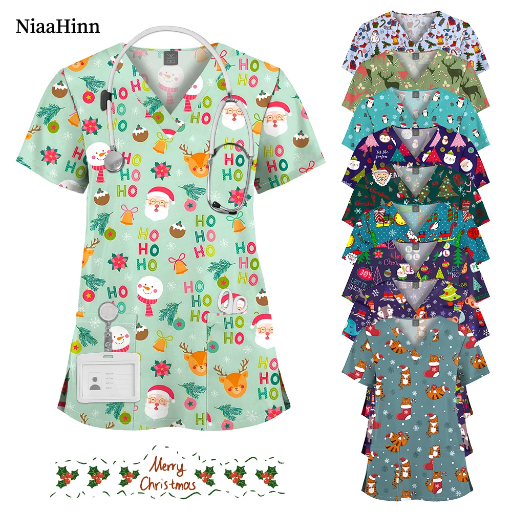 Niaahinn Christmas Surgical Scrubs Tops Women Summer Cartoon Pattern V-Neck Vet Nurse Scrubs Blouse Nurse Clothes Women Uniform