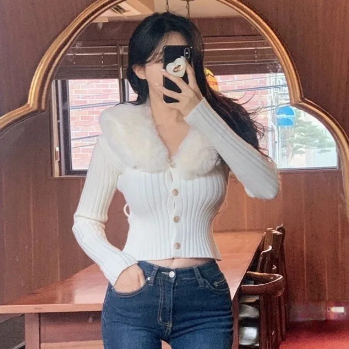 Women's Chic Long Sve Knitted Sweater with Fur Collar Waist-Cinching Slimming Versatile Faionable Autumn Winter Top