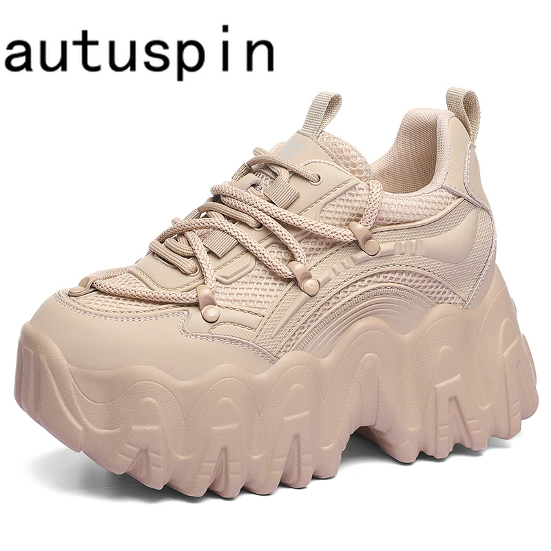 AUTUSPIN 9cm wysoka podeszwa damskie trampki na zewnątrz na co dzień z okrągłym noskiem z prawdziwej skóry damskie buty na obcasie cztery pory roku