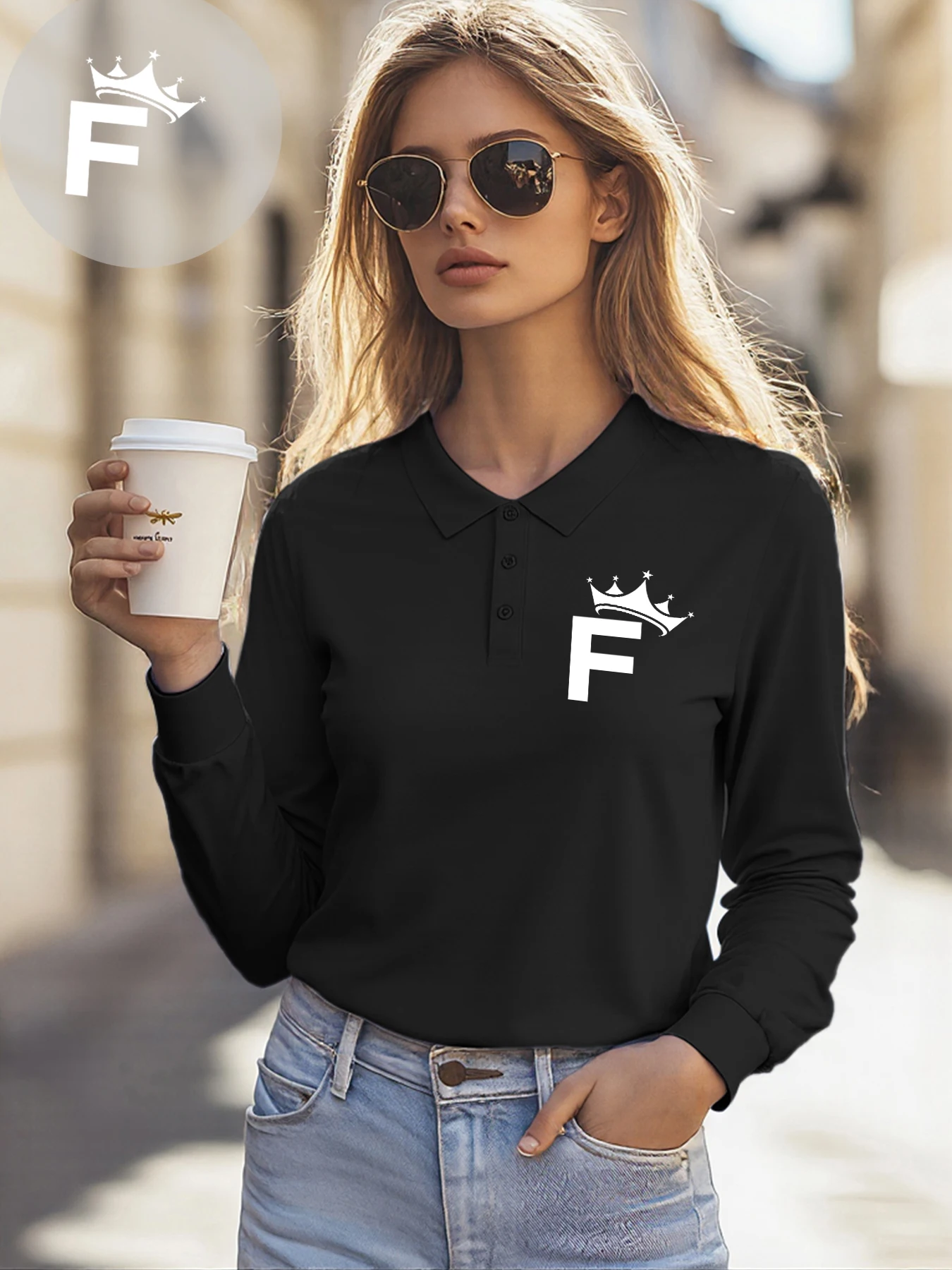 Koszulki polo z prostym wzorem litery F, kołnierzyk, casualowe, z długim rękawem, modne, uniwersalne, damskie koszulki golfowe, odzież jesienna.