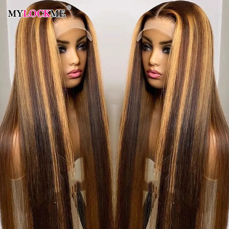 Highlight Ombre Bone Straight 13x4 HD Transparent Lace Front Wigs Human Hair Wig 4/27 Brown Colored Lace Closure Wig For Women