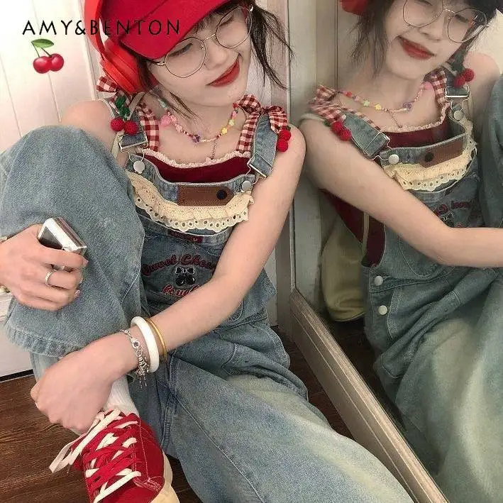 teens-girls-2026-new-spring-and-summer-suit-mid-to-large-kids-cute-red-knit-lace-trim-camisole-top-and-denim-overalls-2pcs-set