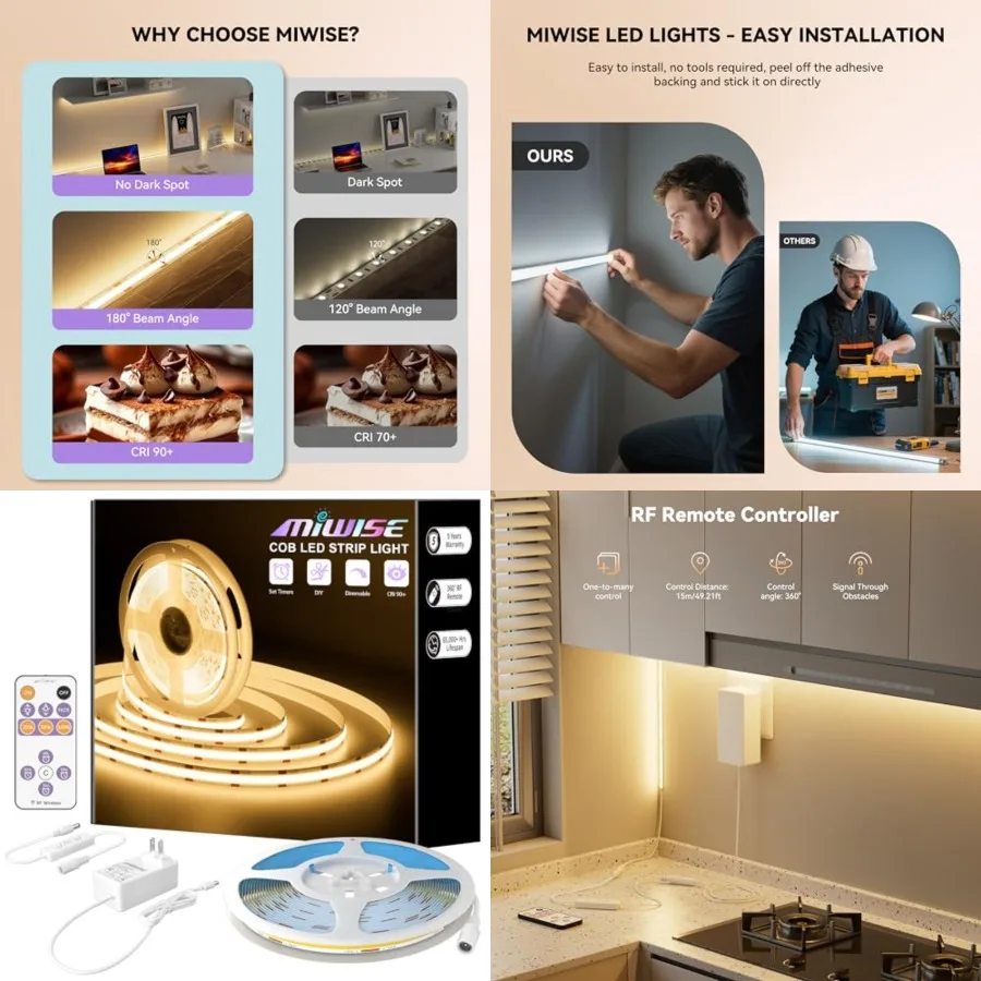 

COB LED Strip, Warm White 32.8ft/, Dimmable Super Bright 24V LED Strip Light, CRI 90+ Flexible Tape Light with RF Remote Timer