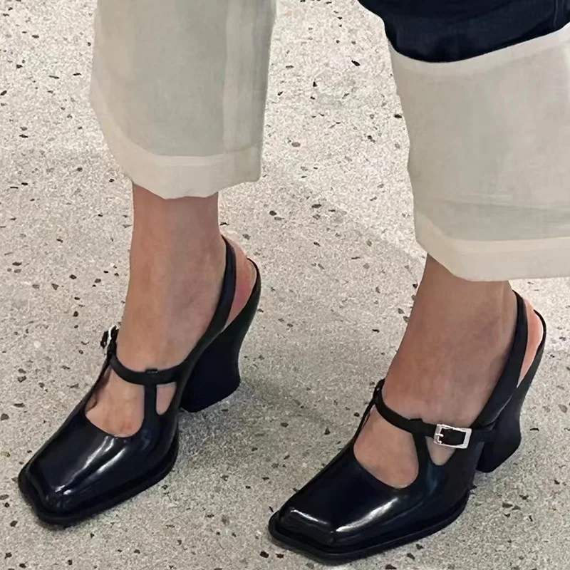 

New Arrival Spring Summer Womens Wave Toe Mary Jane Slingbacks Black Patent Leather Chunky High Heel Pumps Fashion Office Shoes