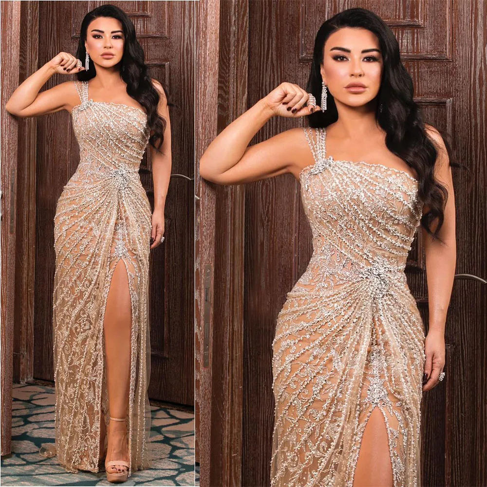 Arabic Champagne Evening Dresses One Shoulder Mermaid Prom Gowns Custom Made Side Split Sequined Appliques Party Dresses