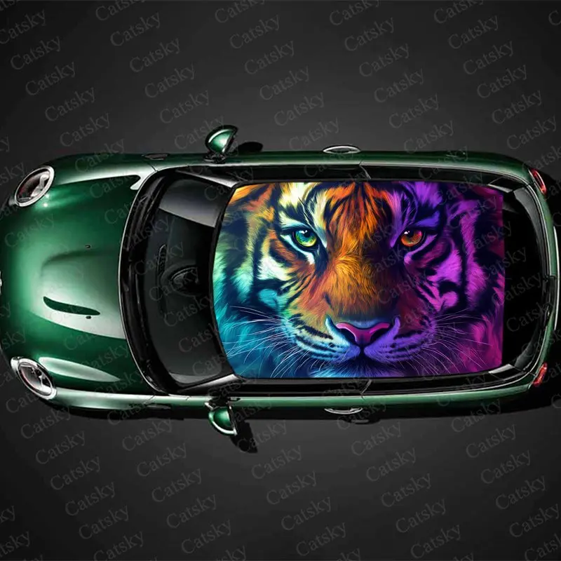 

Rainbow Tiger Animal Print Car Roof Sticker Wrap Racing SUV Auto Accessories Packaging PVC Car Hood Graphic Decal Decoration