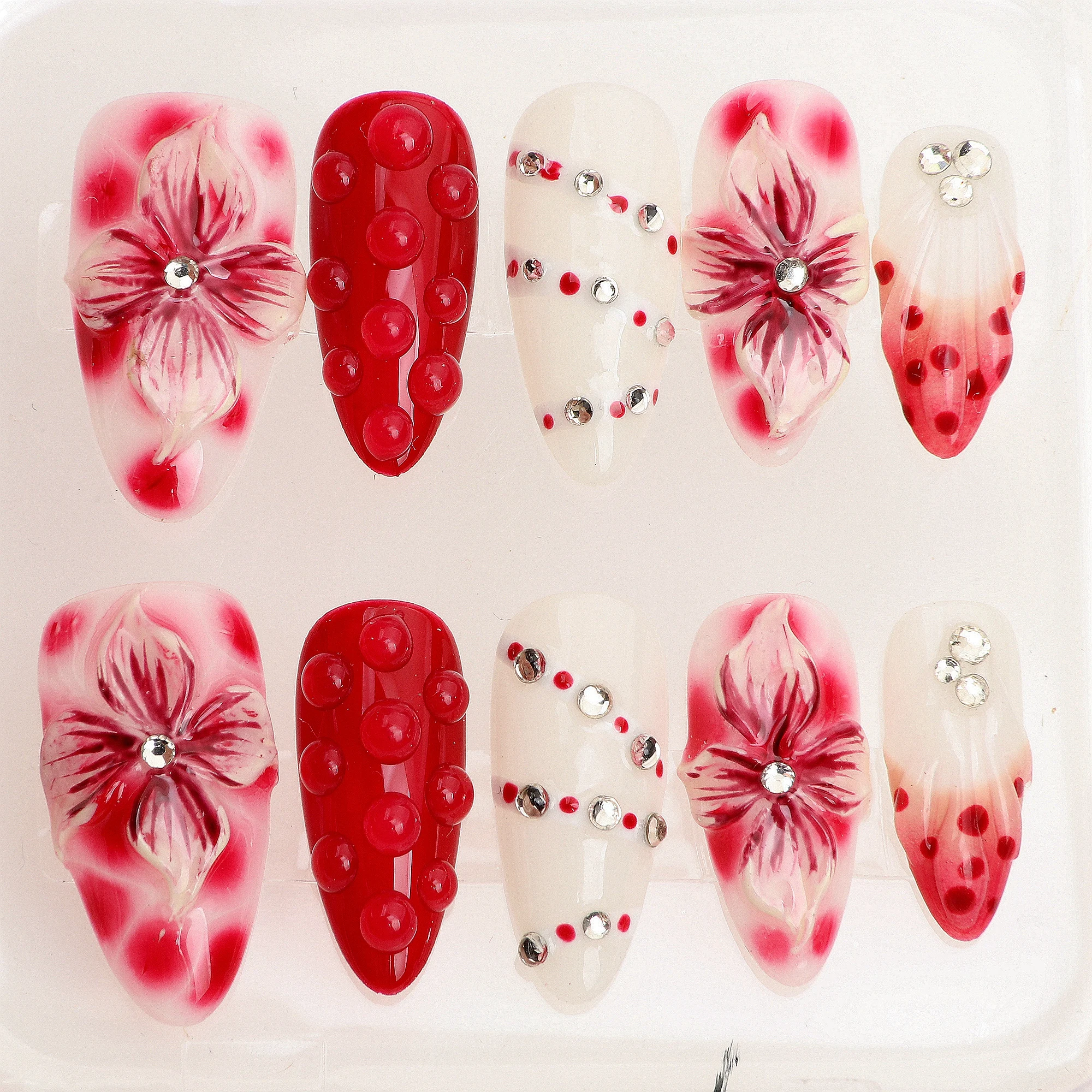 10Pcs Cute 3D Press Red Flowers Handpainted nails,FreeStyle Nail,Gel Fake Nails,y2k,Dreamy Nails for Birthday Vacation Holiday