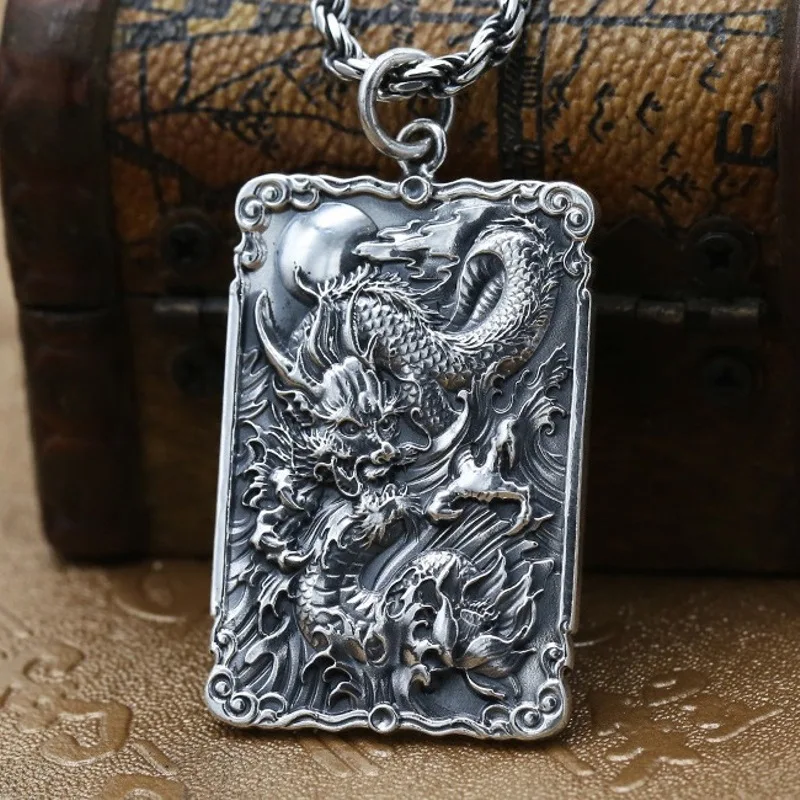 

Real Pure 999 Fine Silver Men Gift Lucky Special Carved Cloud Dragon Oblong Pendant 31g