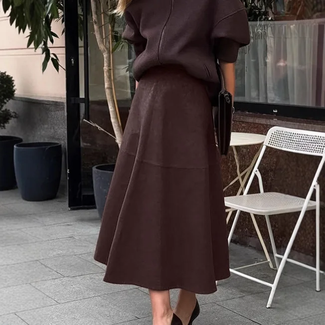 

Vintage Autumn Women Suede Skirt High Waist Zipper Pleated Spliced A-Line Slim Skirt For Lady Maillard Temperament Female Skirt