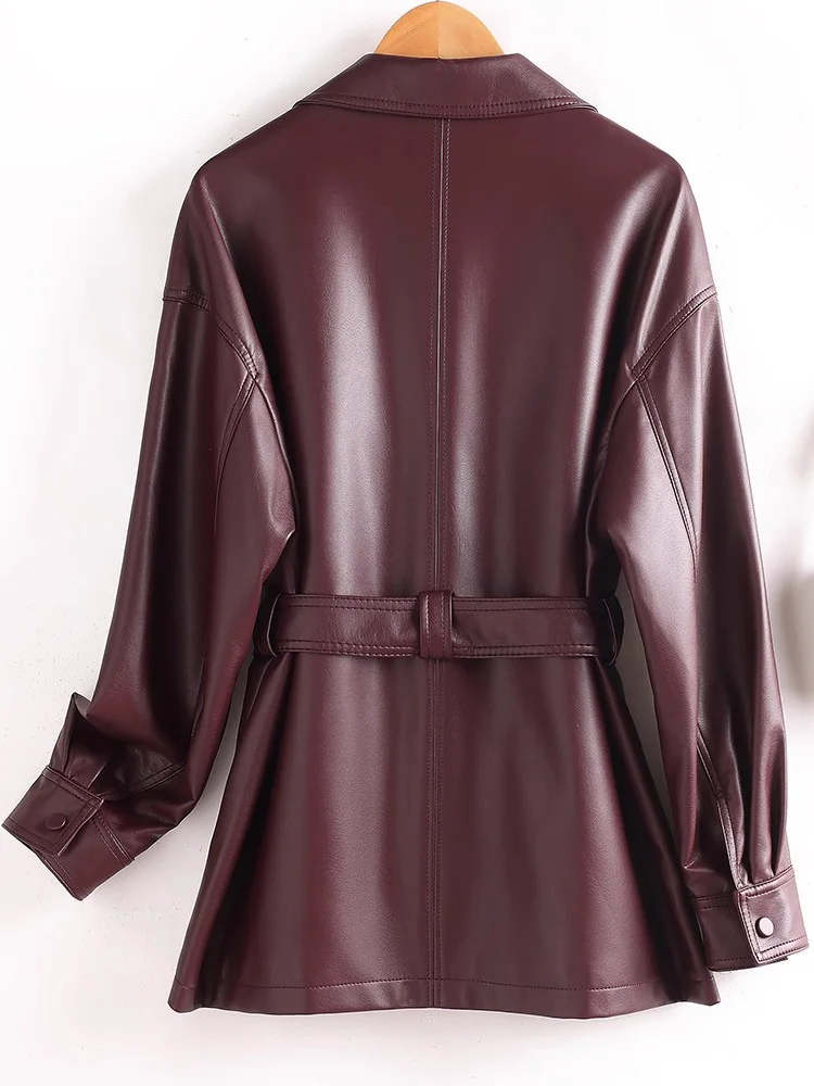 جديد إمرأة متوسط طويل انقسام معطف جلد الخريف موضة بدوره إلى أسفل طوق الخصر النحيف مع حزام معطف قصير خندق جلدية عادية #4