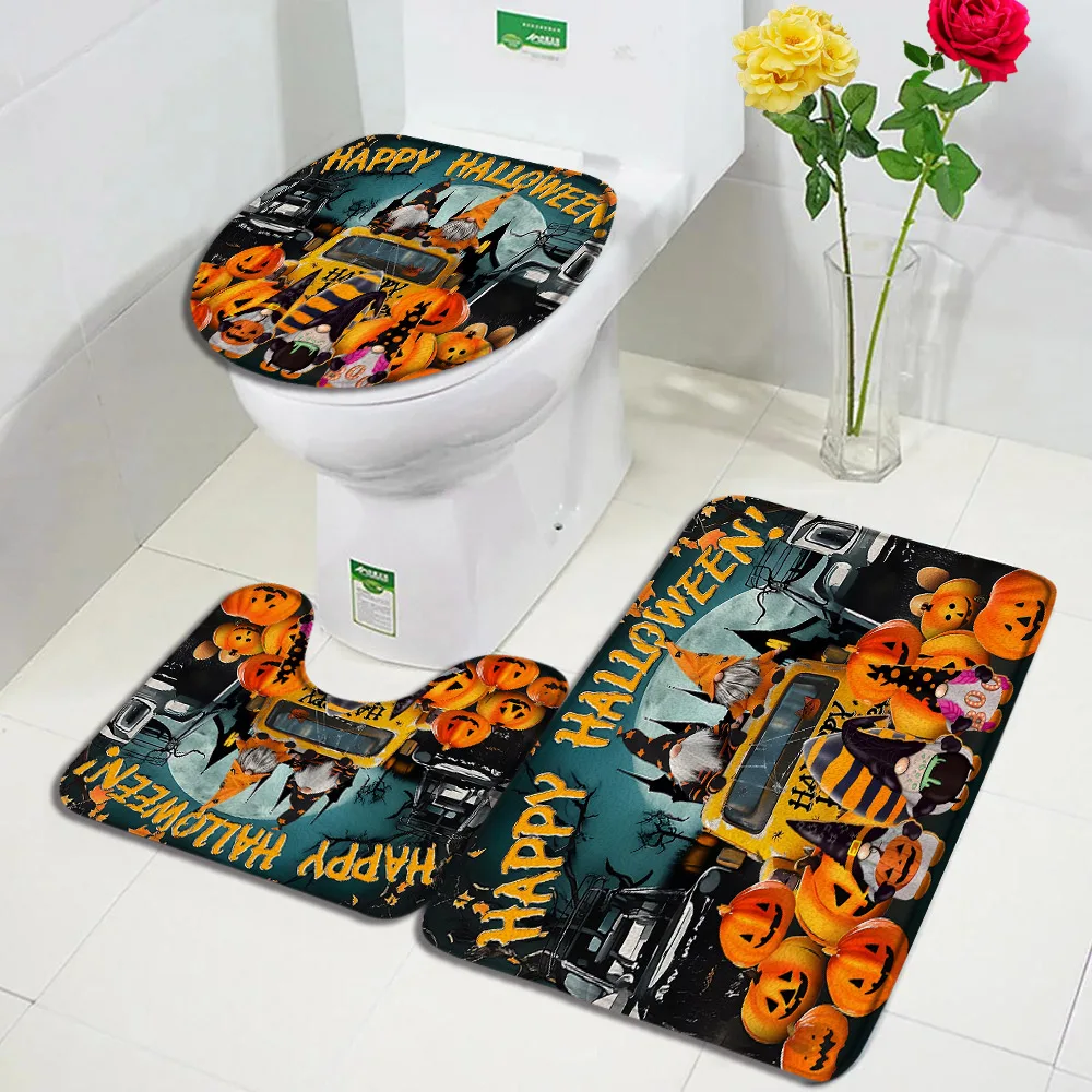 Happy Halloween Bath Mat Set Funny Cat Pumpkin Light Grave Tombstone Bat Vintage Home Carpet Bathroom Decor Rug Toilet Lid Cover