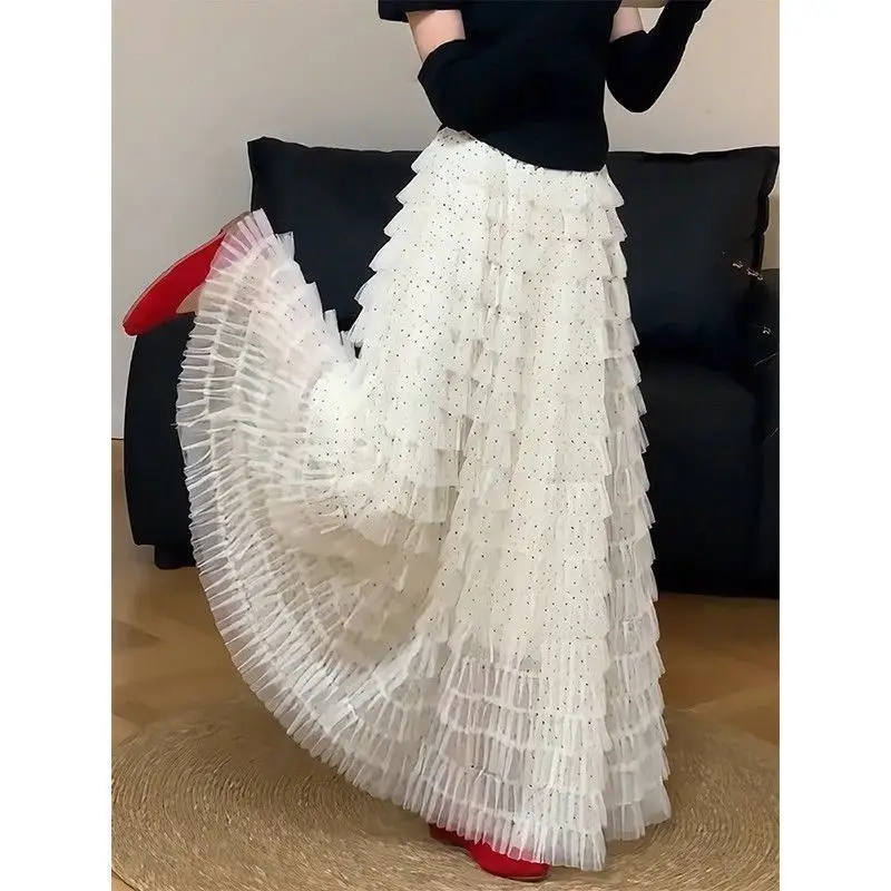 

Casual Versatile A-Line Half Skirt Spring New Cake Skirt Polyester High Waist Elastic Loose Fit B Class Safety Net Gauze