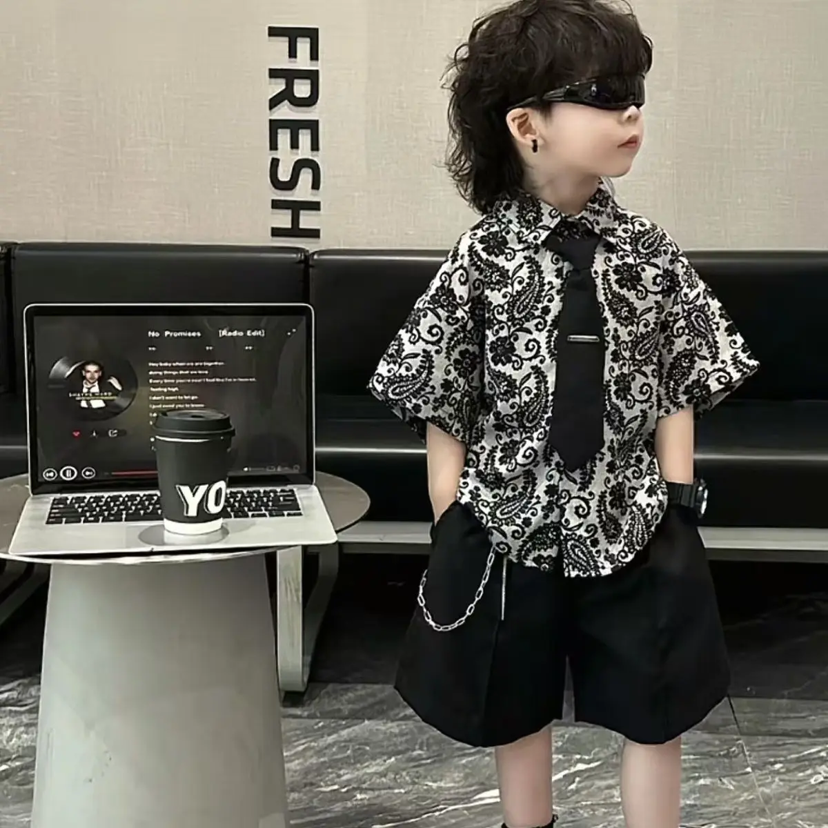 2 PCS set Summer Boys Clothing set Embroidery Shirt+Shorts Tie Kid Children baby toddler Handsome Suits clothes 2-15 years