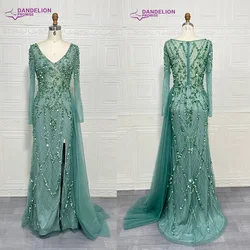 Eelgant Mermaid 2024 Evening Night Dress for Women Luxury Long Sleeves Beads V Neck  Side Slit Formal Prom Wedding Party Gowns