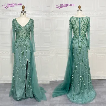여성용 우아한 인어 2024 이브닝 나이트 원피스, 럭셔리 긴팔 비즈, V 넥 사이드 슬릿, 정식 무도회 웨딩 파티 가운 