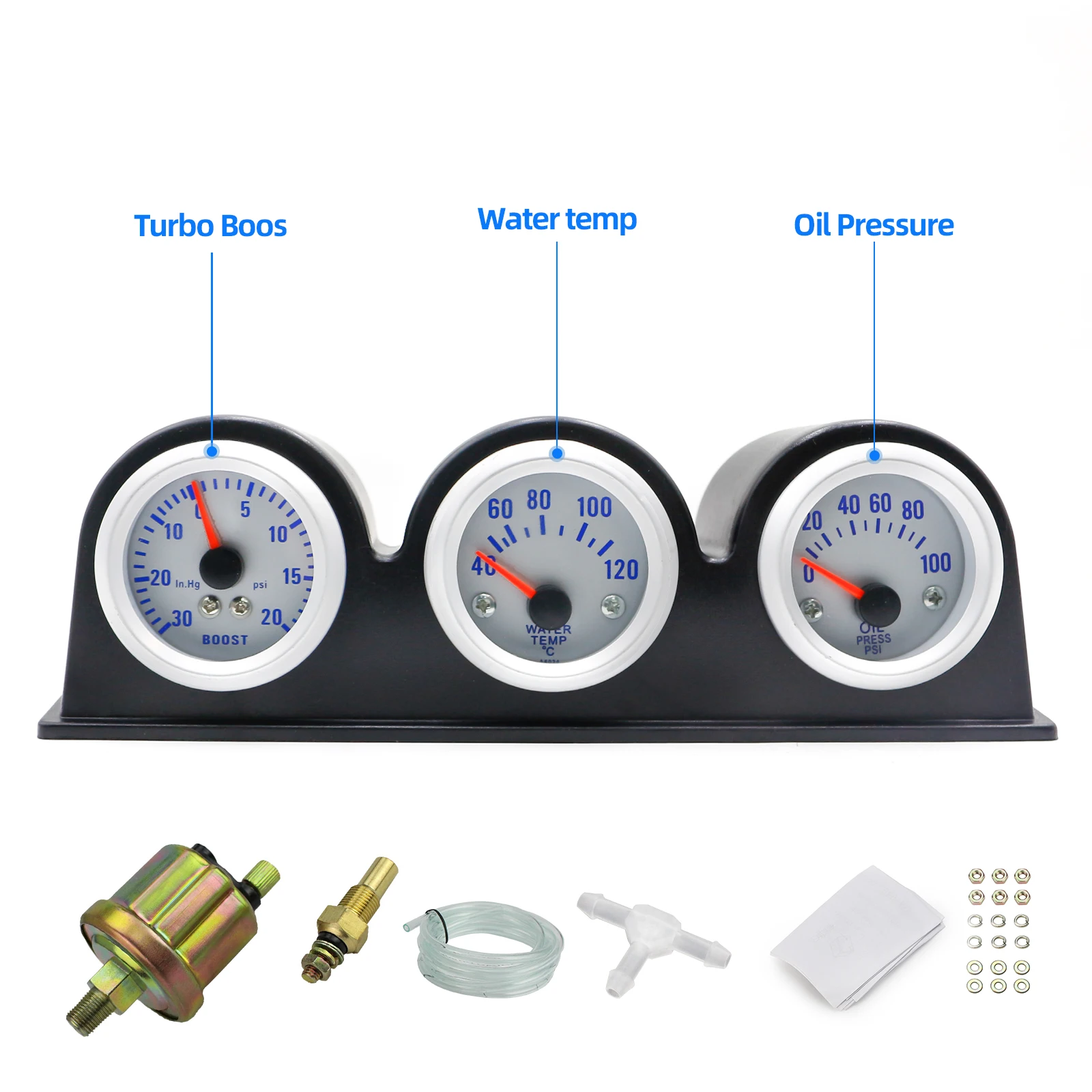 2 بوصة 52 مللي متر مجموعة قياس ثلاثية توربو دفعة مقياس درجة حرارة الماء مقياس سرعة الدوران قياس ضغط الزيت سيارة متر درجة حرارة الماء مقياس تلقائي #4
