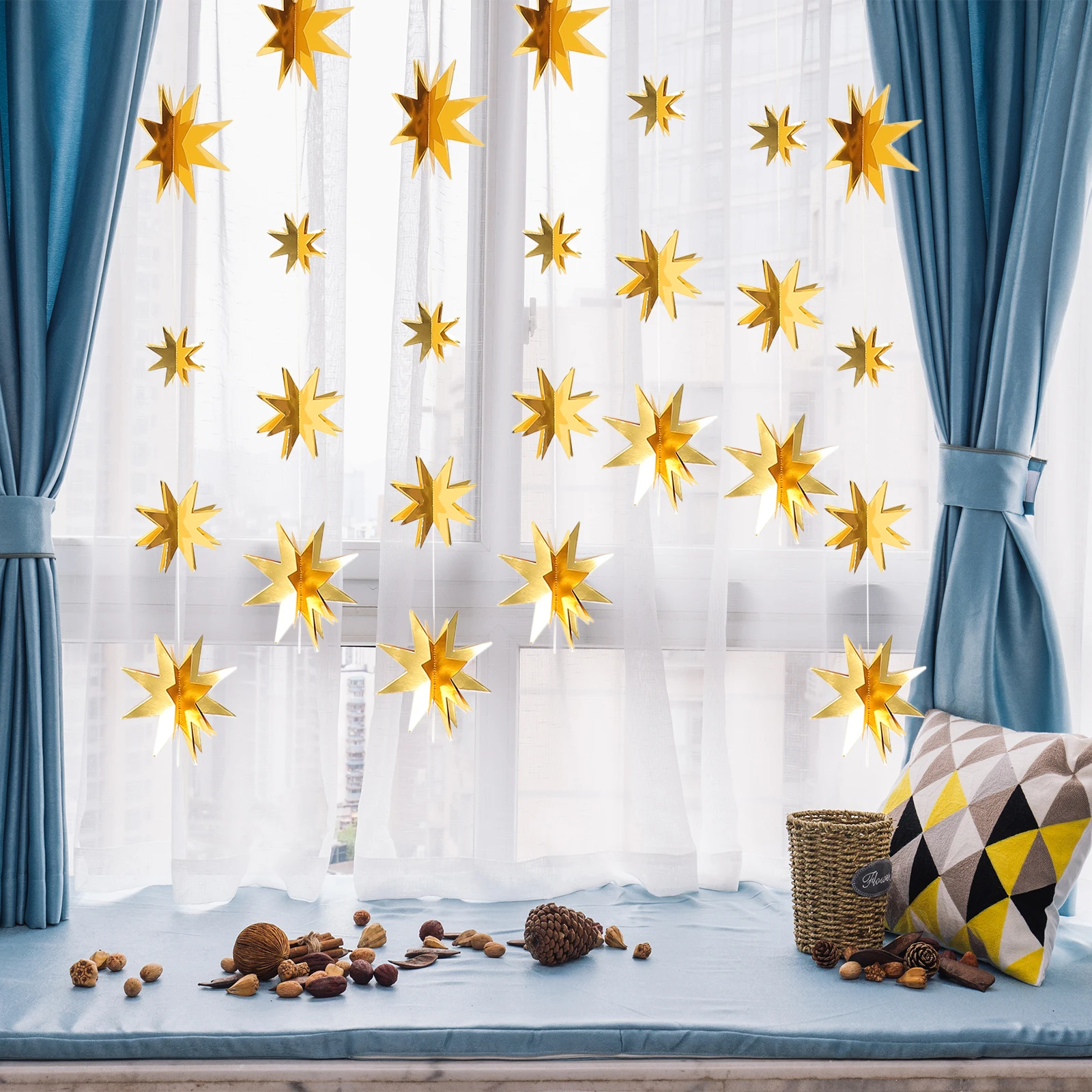 4 Sets Xmas Star Decorations Clearance Stars String Golden Christmas Star Decorations for Home Shop Window Party Xmas