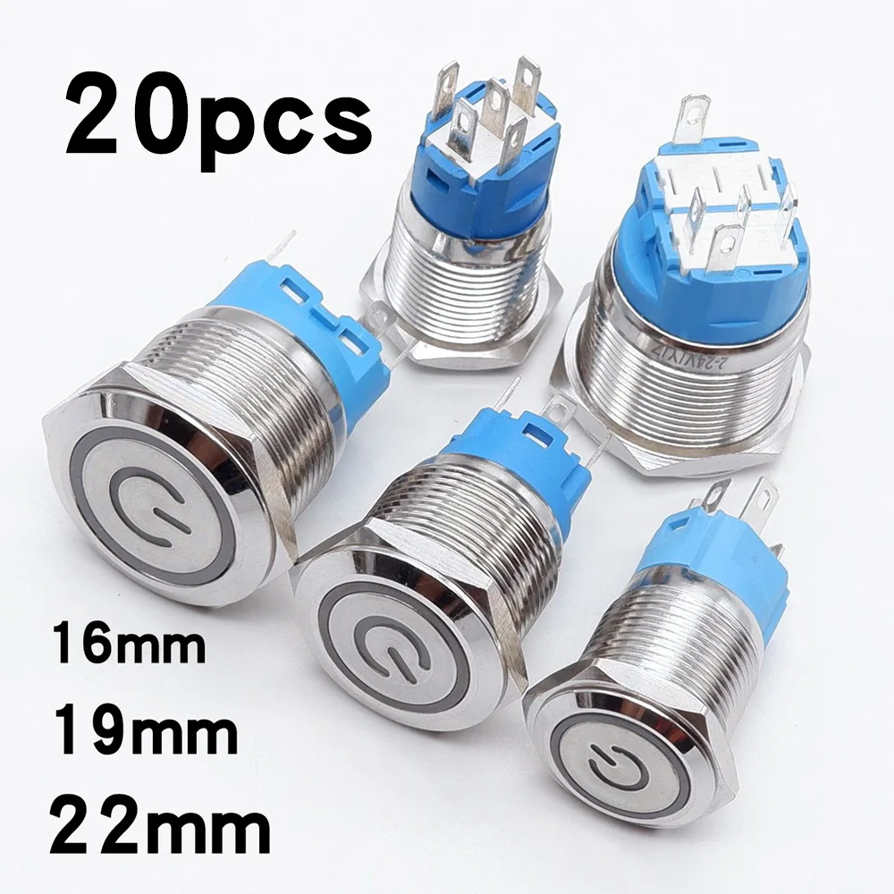 

20 Pieces 16mm 19mm 22mm Metal Button Switch PC Power Control On Off Car Start And Stop Waterproof LED Lights Touch 5V 12V 220V