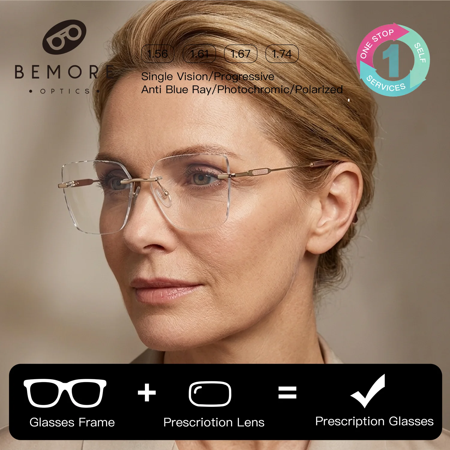 

BEMORE Trendy Rimless High-Quality Metal Progressive Eyewear Woman Anti-Blue Light Butterfly Multifocal Prescription Glasses