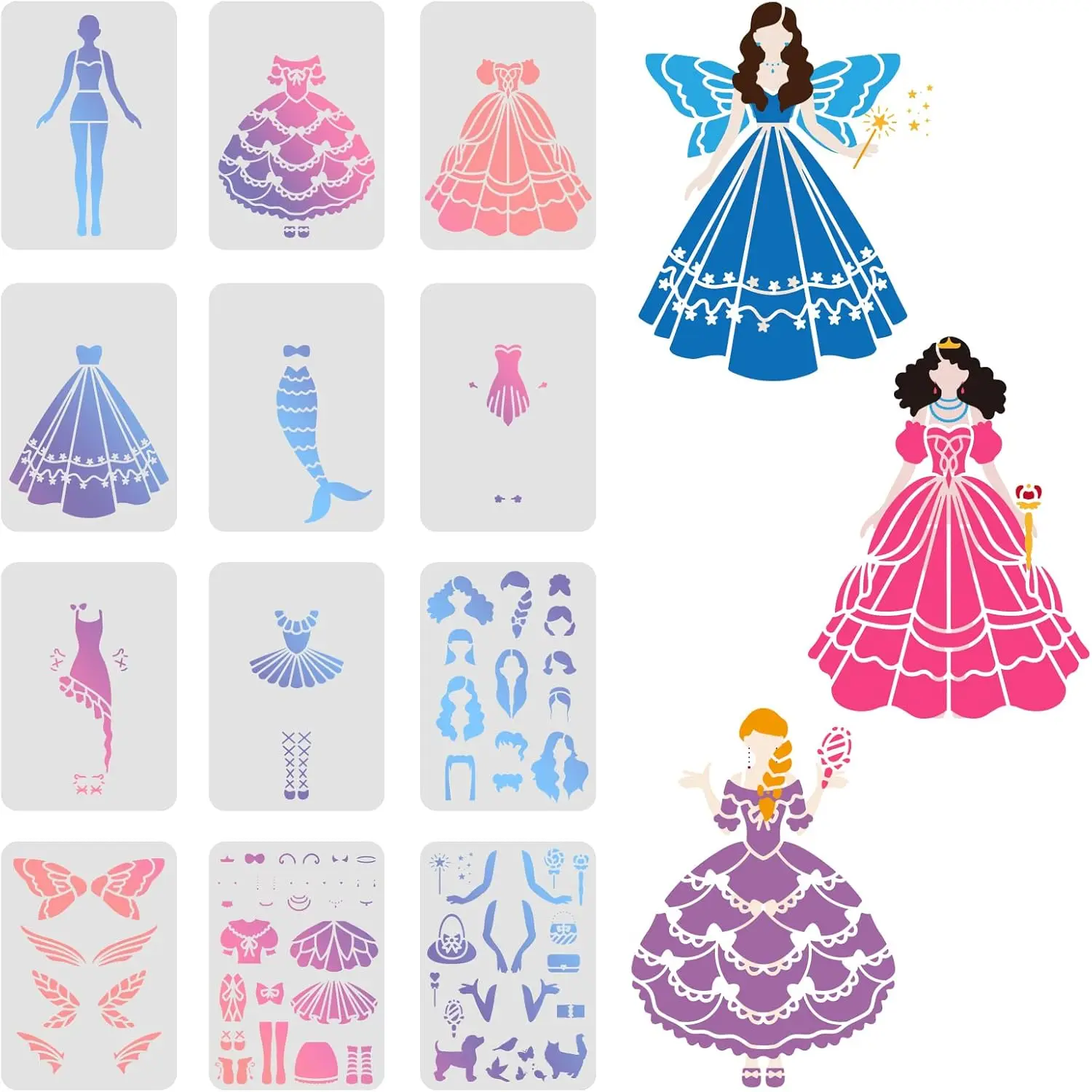 12pcs Princess Stencils for Painting Walls 11.6x8.3inch Elf Princess/Mermaid Outfit Change Stencils Rectangle Stencils for