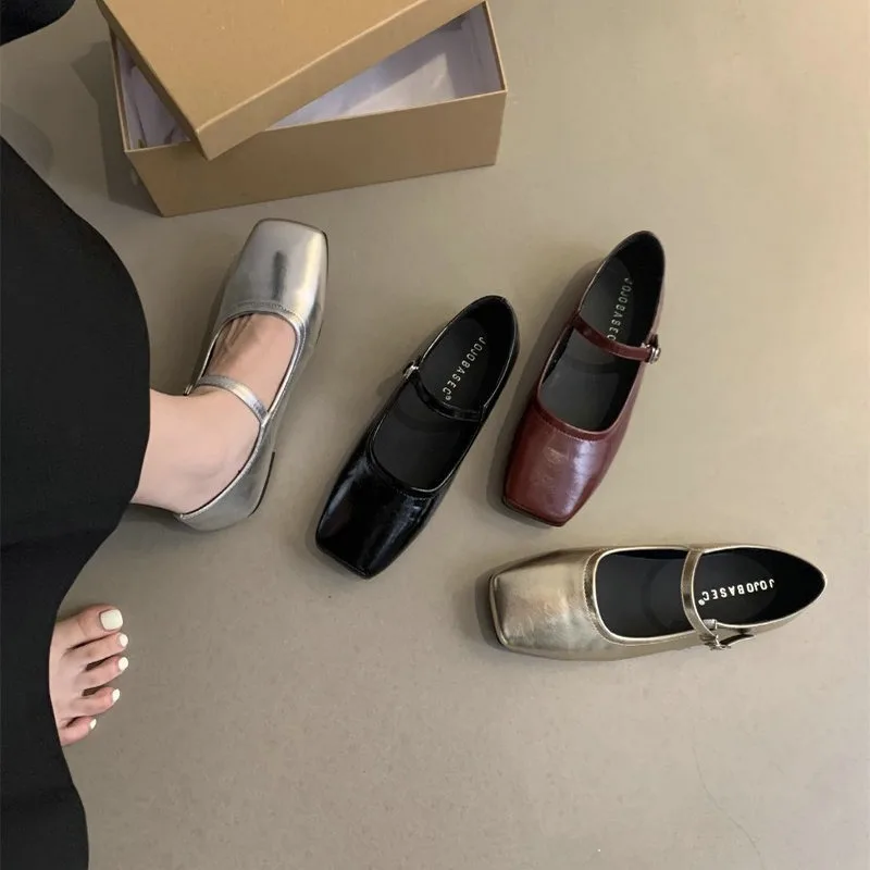 

Flat Shoes for Women 2025 Spring Autumn Vintage Square Toe Shallow Mouth Silver Flat Bottom Mary Jane Shoes Big Size 42 43 44