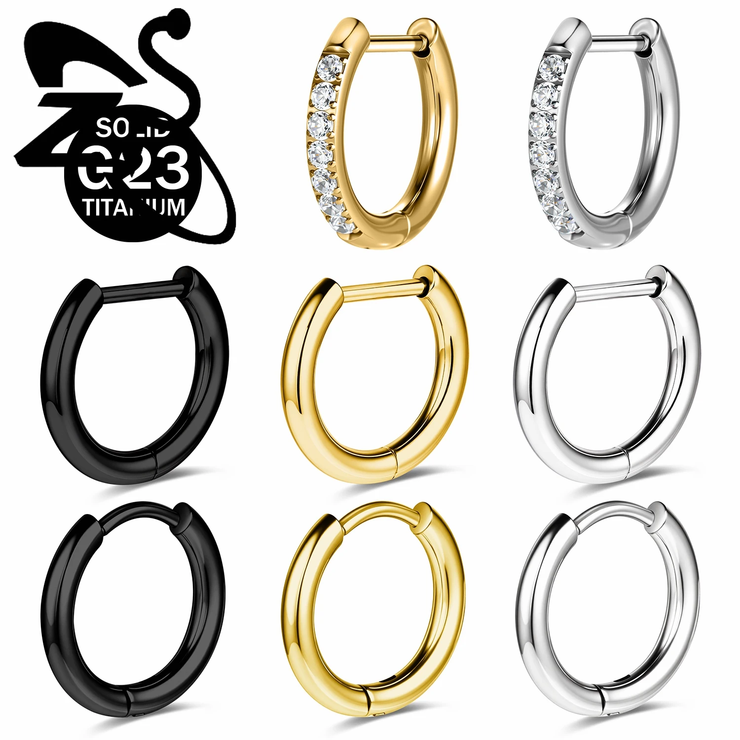 ZS ASTM F136 Titanium 1 PC 18G Hoop Earrings Women Men Zircon Round Earrings D Shape 3 Colors Helix Cartilage Piercings Jewelry
